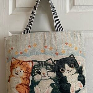 Cat-Themed Tote Bag with Striped Handles